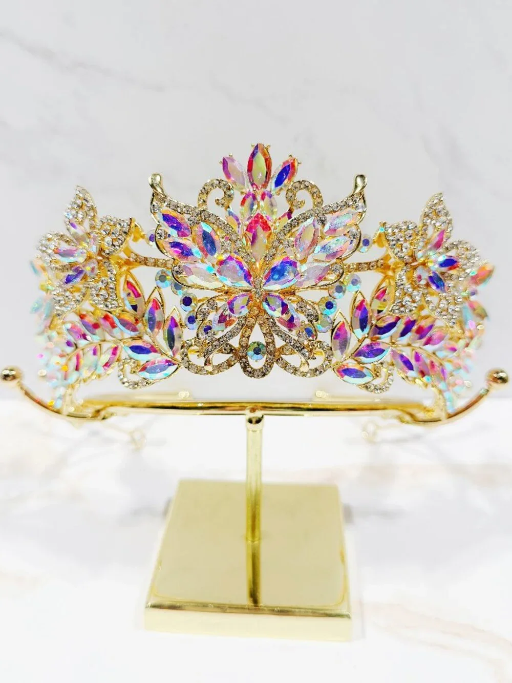 AB Crystal Butterfly Tiara Crown Gold Tone Pageant Prom Wedding Headpiece